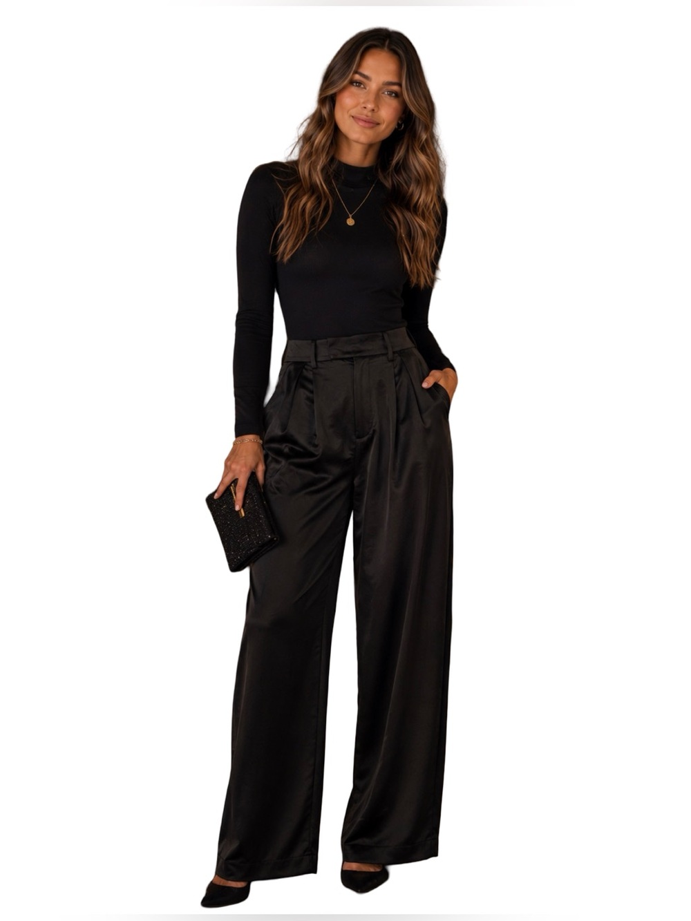 A New Day HighRise Satin WideLeg Trousers black pleated Pants quiet luxury NWT 2